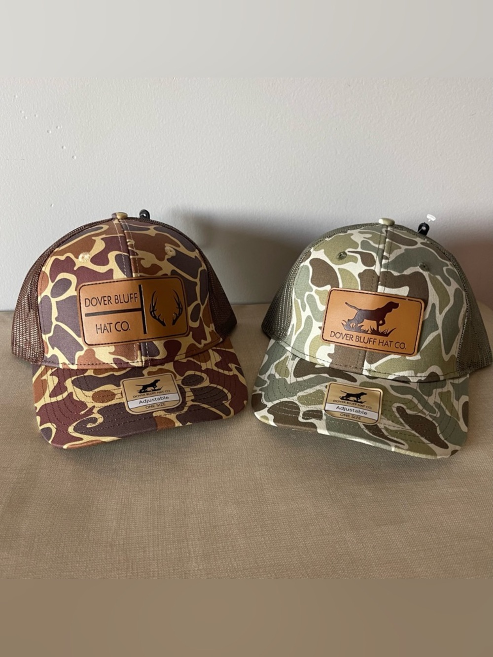Two! New! Dover Bluff Hat Co. Camo Trucker Hat - Brown & Olive duck camouflage